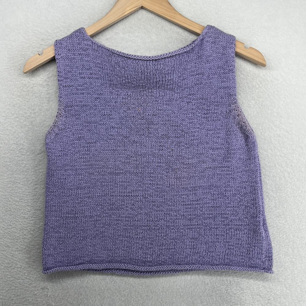 EILEEN FISHER Sweater M Cotton Tape Yarn Vest Tank Boxy Rolled Hem Purple HK VTG